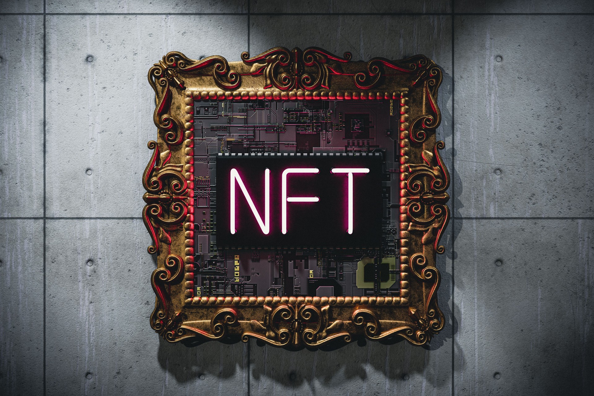 NFT Non fungible Token. Vintage golden picture frame concept. Electronic art - neon electric circuit concept style 3d illustration background